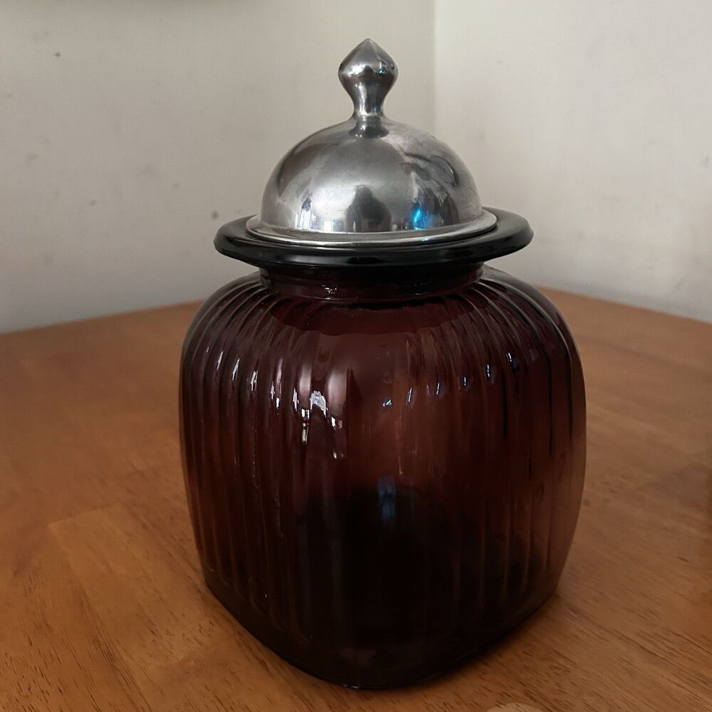 Vintage Artland Dark Amethyst Plum Purple Ribbed Glass Canister Apothecary jar